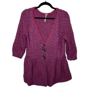 Free People Wool Chunky Cable Knit Peplum Cardigan Sweater Large